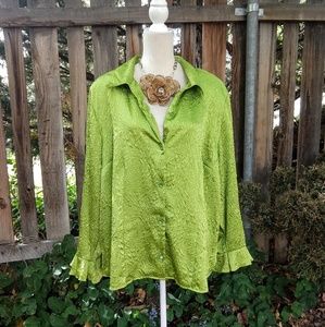 Maggie Barnes Crinkled 1x Green Ruffled Satin Top